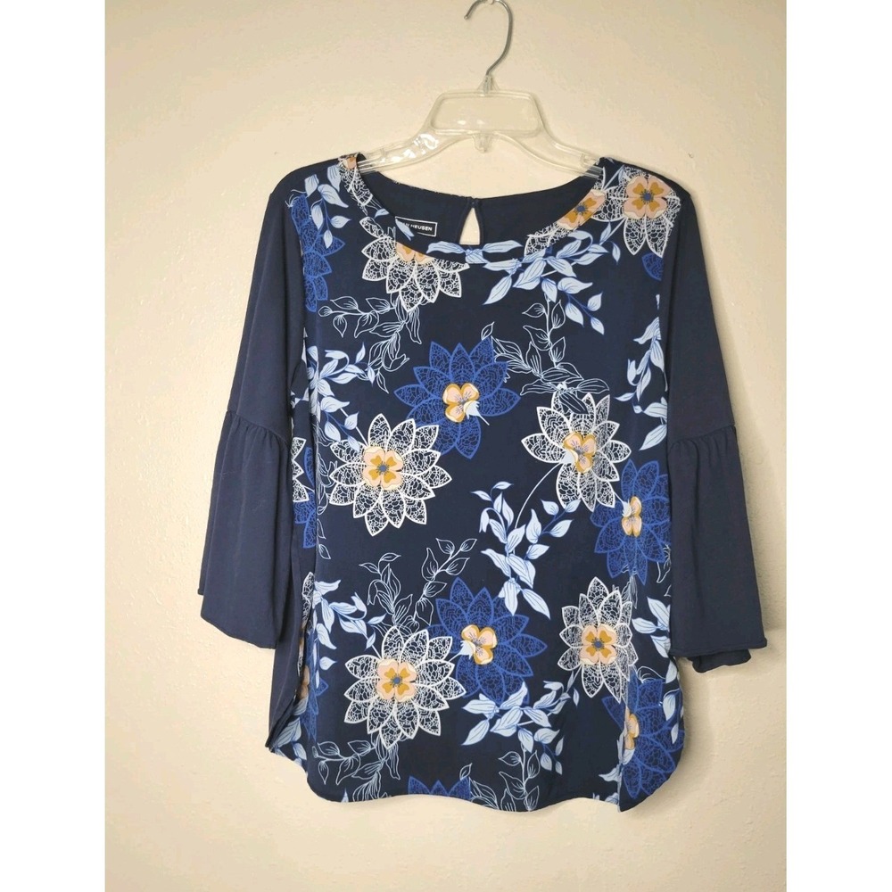 Van Heusen Women's Floral Top 3/4 Flare Sleeve Blouse Career Casual Shirt Sz L